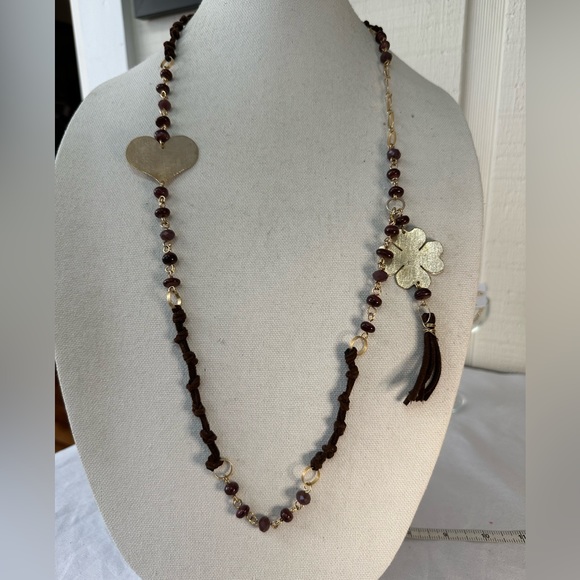 Funky leather and glass bead artisan style necklace - Picture 1 of 7